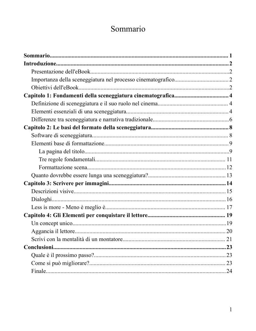 Introduzione alla sceneggiatura cinematografica - Sommario