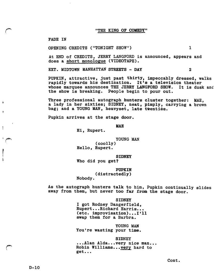 Sceneggiatura Re per una notte (The King Of Comedy 1982) - Pagina uno