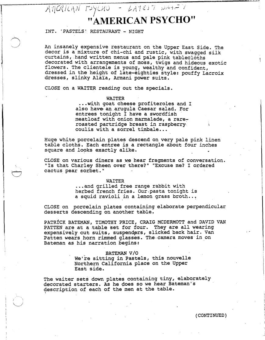 Sceneggiatura American Psycho: Pagina uno