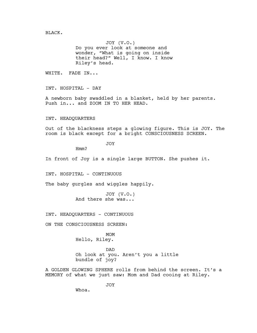 Sceneggiatura Inside Out: Pagina uno