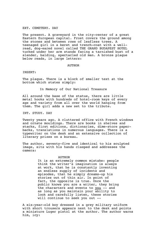 Sceneggiatura The Grand Budapest Hotel (2014): Pagina uno