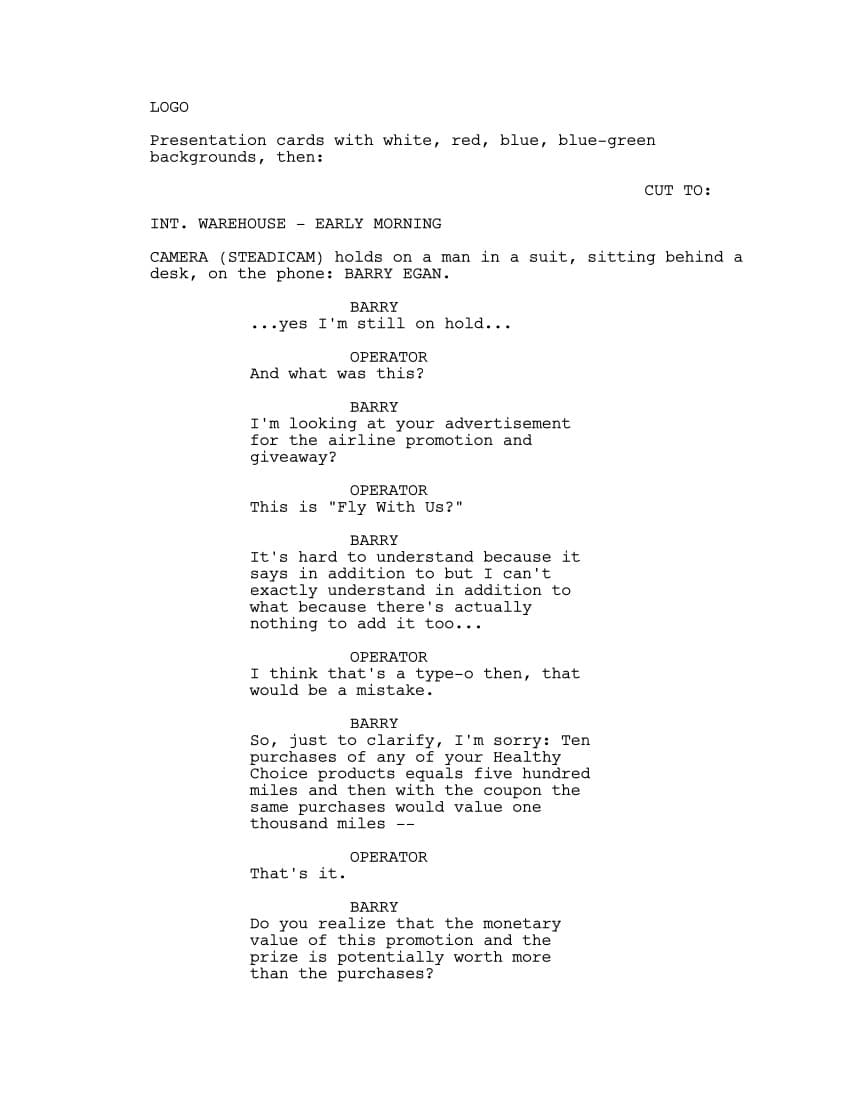 Sceneggiatura Ubriaco d'amore (Punch Drunk Love): Pagina uno