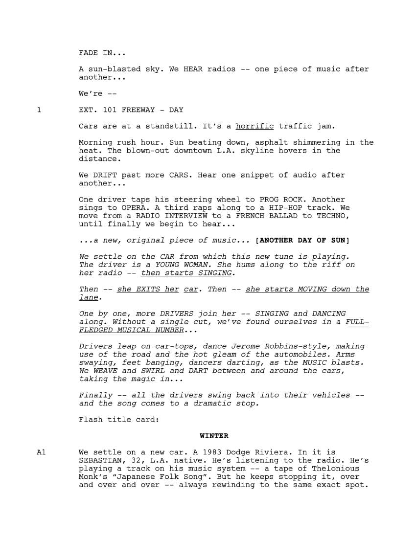 Sceneggiatura La La Land (2016): Pagina uno
