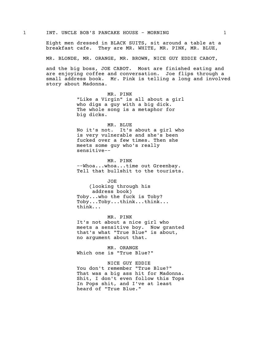 Sceneggiatura Le Iene (Reservoir Dogs) - Pagina uno