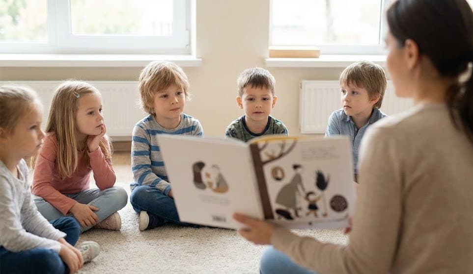 Ragazza legge un libro ad un gruppo di bambini